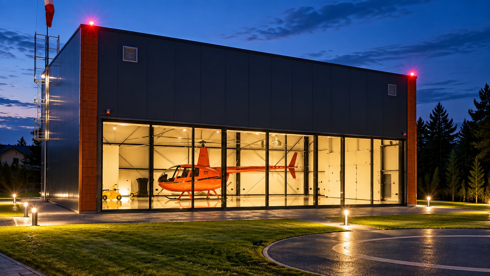 Robinson R44 helicopter hangar steel structure in Jabłowo, Poland